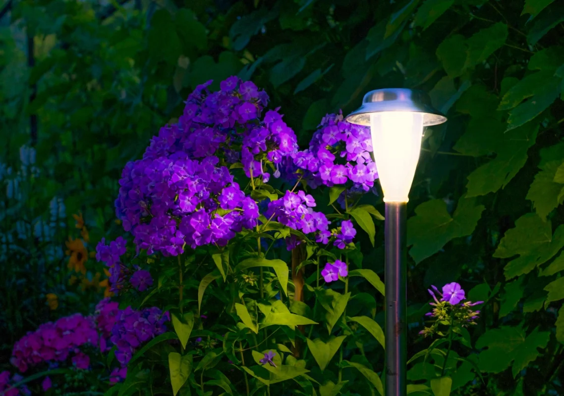 Solarna lampa koja sija pored grma prelepog ljubičastog cveća. Shopex.rs