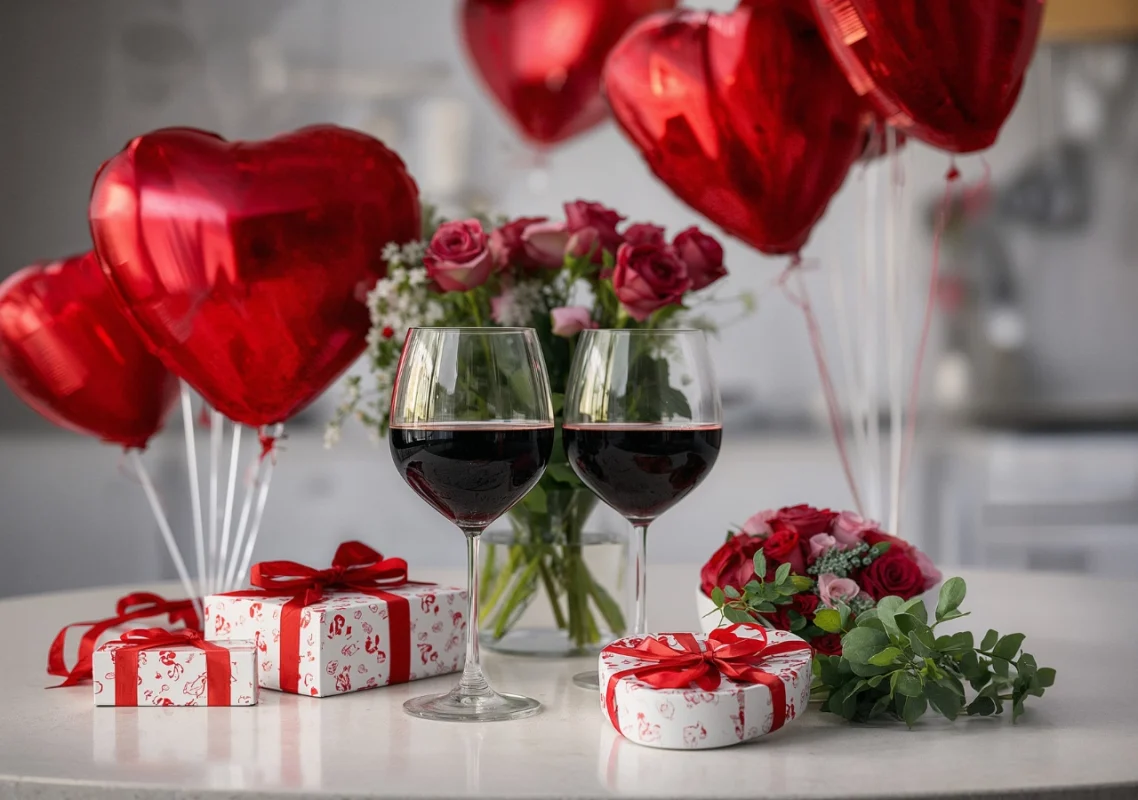 postavljne sto za proslavu dana zaljubljenih sa poklonima, cvežem i dve čađe crvenog vina