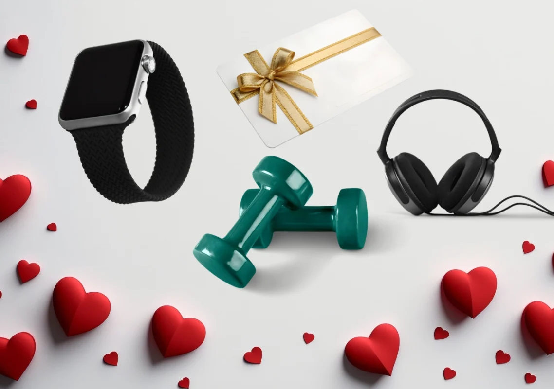 poklon za dan zaljubljneih za dečka sa prikazom smart sata, tegova, poklon kartice i slušalica