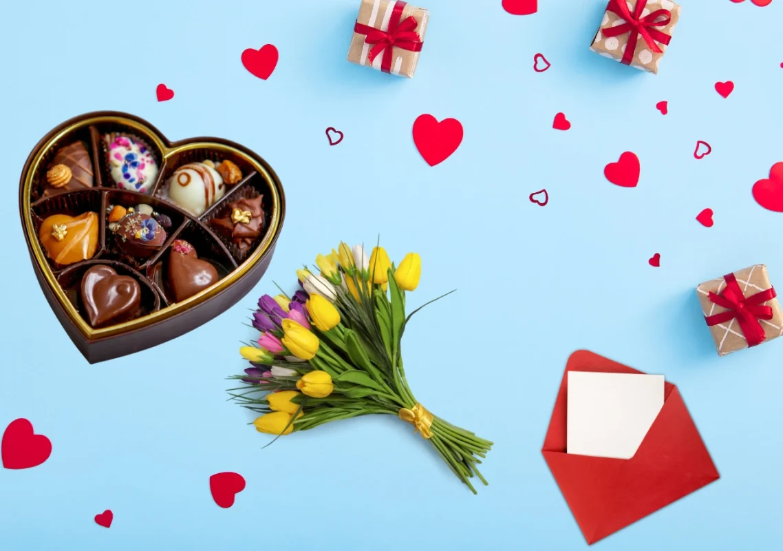ideja za poklon za dan zaljubljenih za devojku u vidu čokoladne bombonjere, poklon kartice i cveća