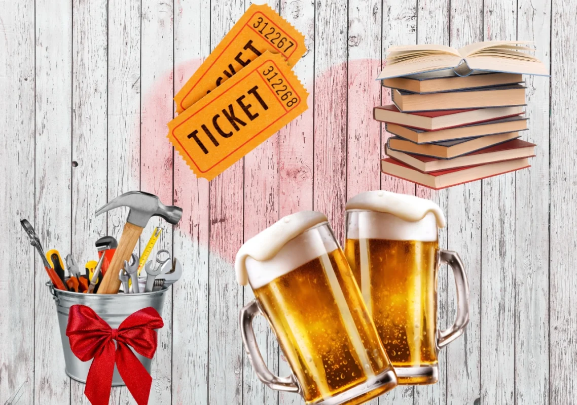 ideje za poklon za dan zaljubljenih za muža - knjige, alat, karte za koncert i dve krigle piva