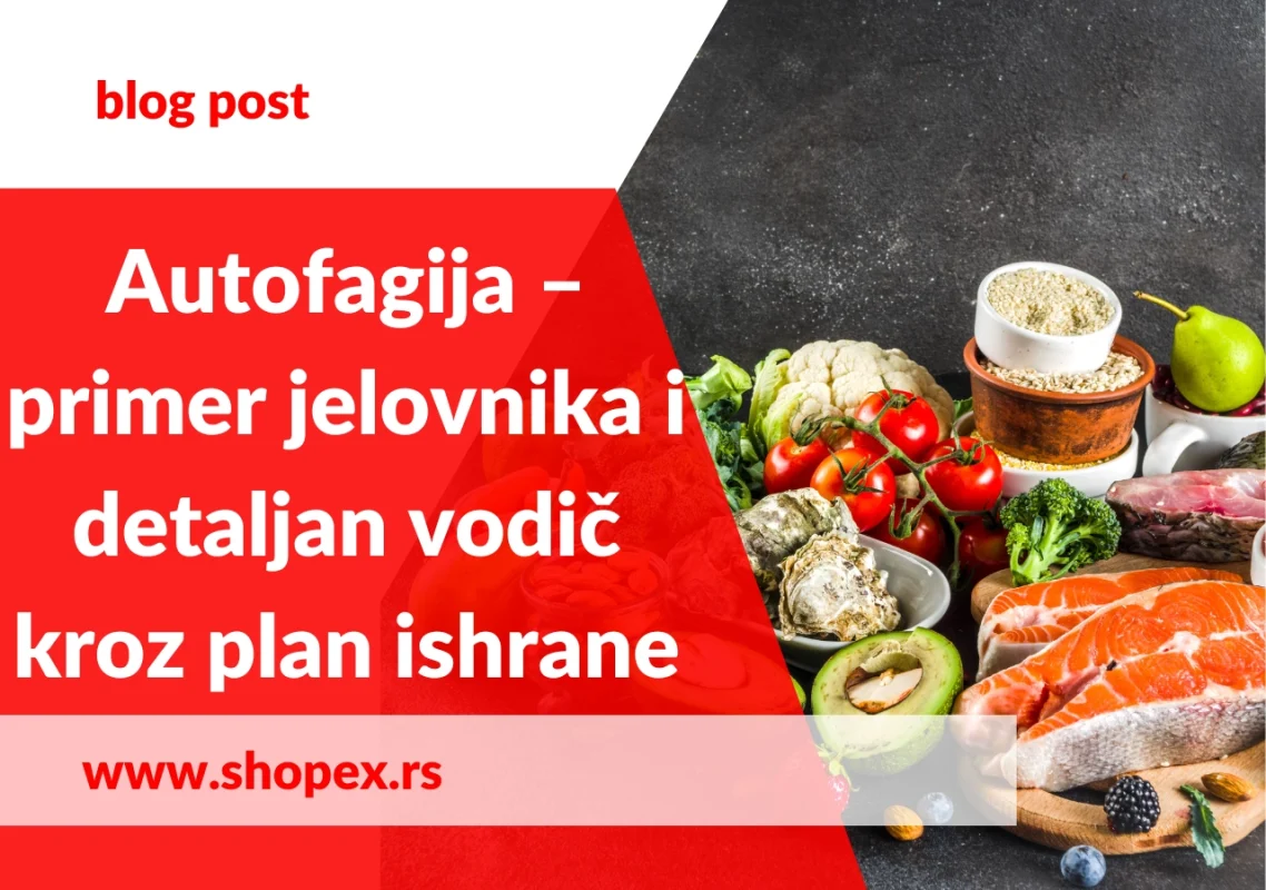 naslov i prikaz različitih nairnica za Autofagija dijetu - losos, šaran, avokado,paradajz,kruške, karfiol, integralno brašno i ovsene pahuljice itd. iza je tamno siva pozadina da se elementi slike lepo istaknu