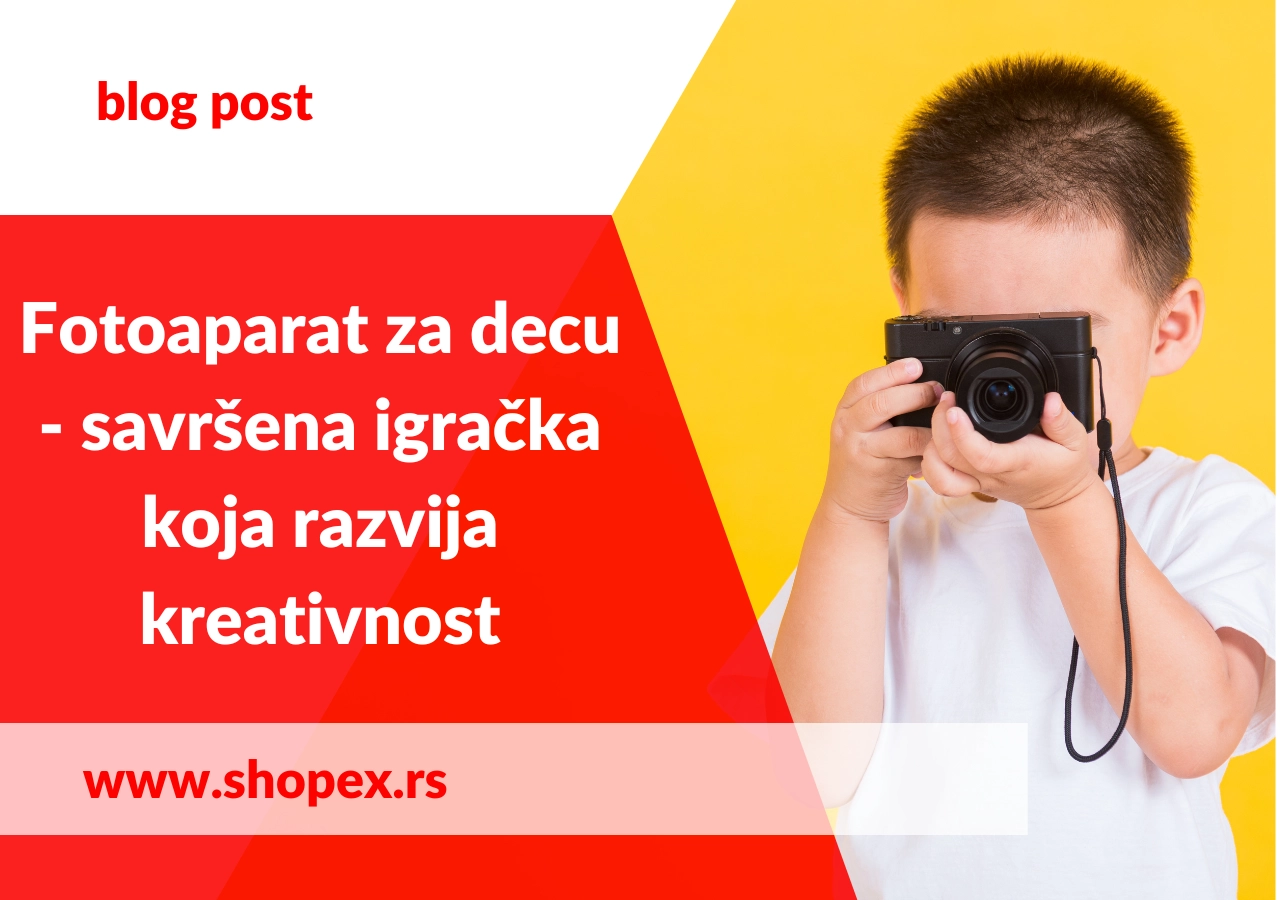 početna slika sa naslovom i slikom dečaka sa fotoaparatom za decu na žutoj bozadini